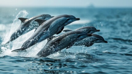 These dolphins captured in mid-leap above ocean waves give a sense of playfulness and agility