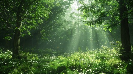 Fototapeta na wymiar Dreamlike woodland with contrasting light and shadows, highlighting the beauty of a misty morning