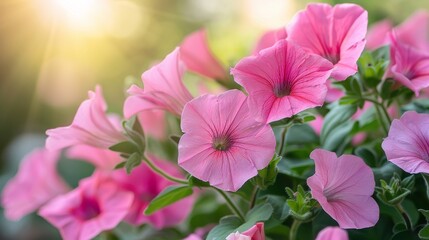 Vibrant pink petunia flowers bloom beautifully in a sunlit garden, with a soft focus on the background foliage