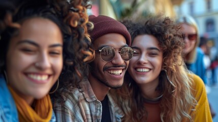 Cheery group of young people sharing a moment of joy outdoors with stylish sunglasses reflecting connection