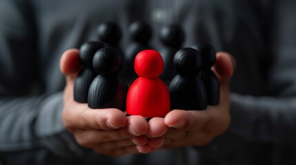An image showcasing a red figurine surrounded by black figurines, symbolizing leadership or being unique - Powered by Adobe