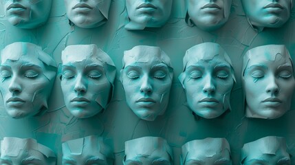 Multiple identical sculpted faces in teal color, creating a repetitive and surreal pattern