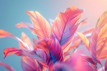 Tropical and palm leaves in bright gradient holographic colors. Concept art. Minimal surrealism, 3D render