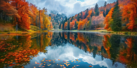 Beautiful autumn landscape with bright colorful fall trees and their reflection in the lake.