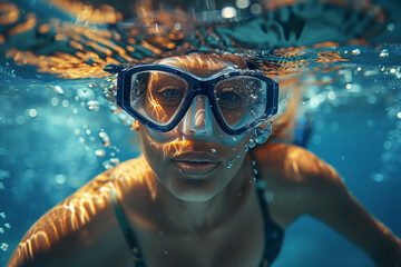 A woman swimming underwater wearing diving flippers, 3D illustration
