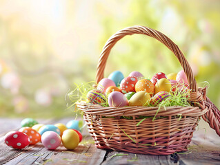 A festive Easter basket overflowing with a variety of colorful eggs and sweet candies inside.