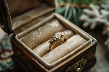 Couple of golden wedding rings in a gift box.
