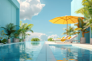Bright lounge zone with sunbed and yellow umbrella placed on edge near swimming pool and potted plants representing concept of summer vacation, 3D render