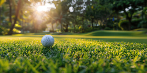 Closeup of the golf ball on the green lawn in direct light.