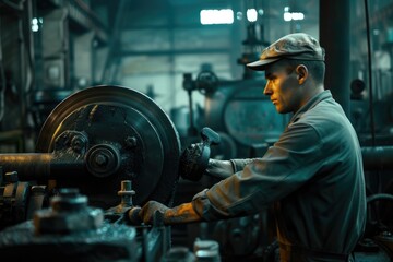 Smart engineer checking iron machine in factory while wearing safety helmet. Professional industrial worker repairing or examining machinery part or turbine machine while holding chart form. AIG42.