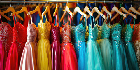 Elegant formal dresses for sale in luxury modern shop boutique.