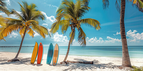 Many colorful surfboards on a tropical beach. Vacation and sport concept.