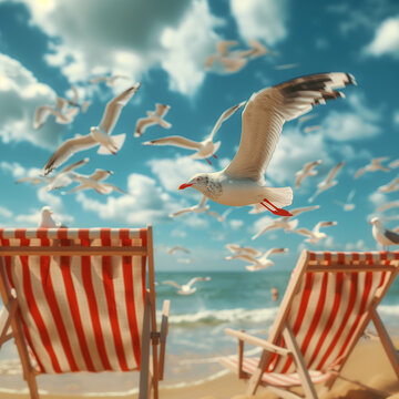 Seagulls flying in summer blue sky over striped beach chair, 3D render. Beach vacation summer concept