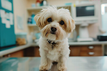Close-up of cute small dog sitting on table at veterinary clinic.