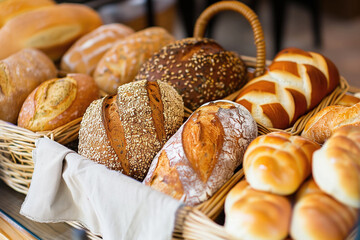 Fresh bread on shelves in bakery. Delicious loaves of bread in a baker shop. Modern bakery with assortment of bread.