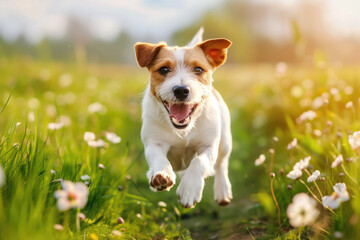 Happy small running dog outdoors on a sunny summer day
