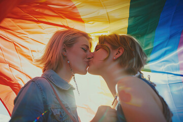 Lesbian couple kissing each other at gay pride event on sunny day.