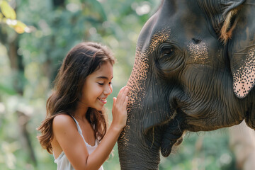 Little girl touching baby elephant trunk. Friendship and care concept.