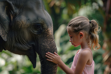 Little girl touching baby elephant trunk. Friendship and care concept.