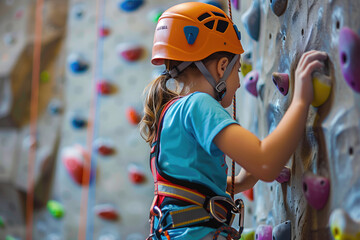 Cheerful school girl climbing high indoor rock wall in gym.
