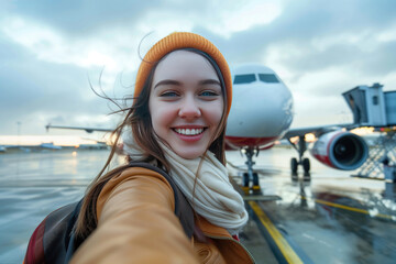 Young woman takes a selfie at the airport in front of a plane before the departure