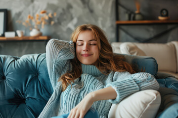 Obraz premium Relaxed serene beautiful young woman feeling tired relaxing on comfortable sofa.