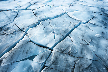 Aerial view of glacier surface with white and blue ice texture.