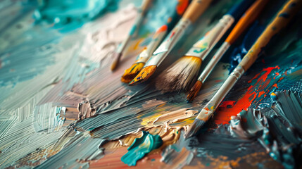 Paints with brushes of professional artist on table