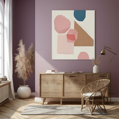 Abstract Shapes with pink, blue and white Painting ,wall art poster, 3d illustration ,modern living room decoration, wooden decoration.