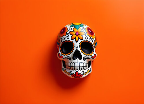 sugar skull for the day of the dead on a minimalistic orange background