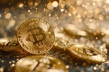 closeup of the bitcoin surrounded by sparkles in gold colors