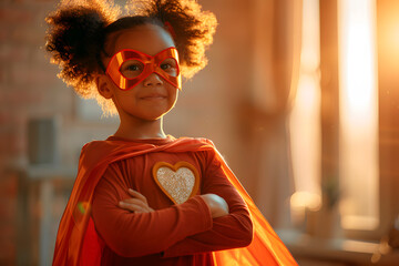 Portrait of an African-American girl dressed as a superhero looking at the camera. Generative Ai.