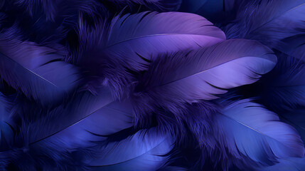 Obraz premium Bright feather background in purple color. Top view, flat lay. Macro feathers of tropical birds. Beautiful pattern for banner, poster, print with copy space. 