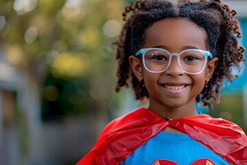 Portrait of an African-American girl dressed as a superhero looking at the camera. Generative Ai.