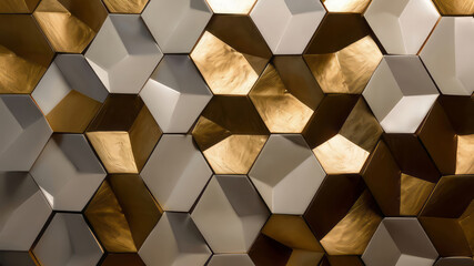 White and gold metal honeycomb abstract grunge pattern. Vintage old texture and color. Hexagonal background for banner, poster, wallpaper