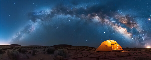 A magical night scene in nature with a solitary tent illuminated from within, while stars shine brightly in the sky. 