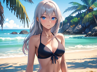 Sexy anime japanese girl big blue eyes on beach