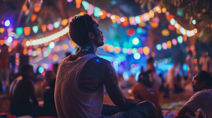 Young man enjoy a music festival concerts at the VIP area