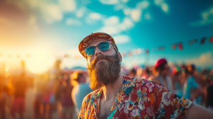 Young man enjoy a music festival concerts at the main stage with elegant facial hair