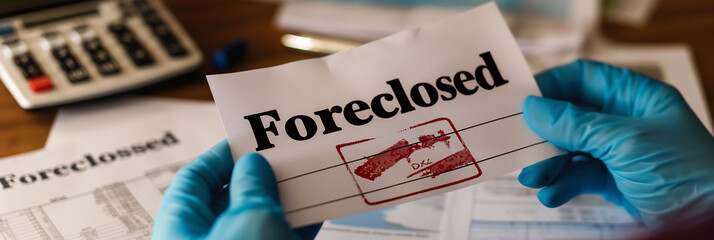 Close-up shot of gloved hands holding a crumpled foreclosure notice 