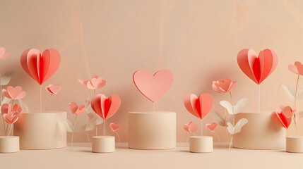 Paper hearts with plaster podiums on beige background