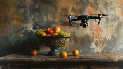 a drone flying over an aged wooden table beside a colorful bowl of fruit
