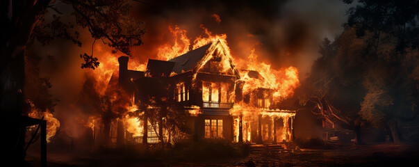 A photograph of a burning house at night, with flames illuminating the surroundings and casting ominous shadows.