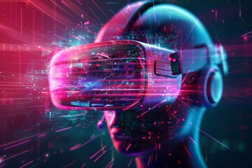 Futuristic portrayal of a person in a virtual reality headset, immersed in a dynamic digital environment with vibrant pink and blue lights