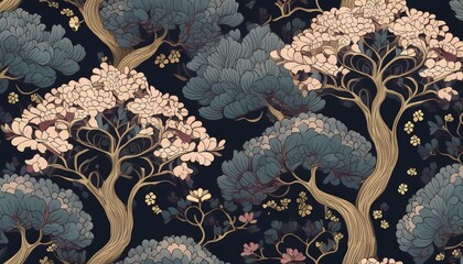 dark seamless pattern blooming fantastic trees chinoiserie style