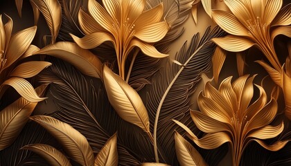 luxury gold nature background floral pattern golden bananas palms exotic flowers line arts illustration ai generated illustration