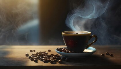 a coffee cup with steam rising from it and a few coffee beans on the table