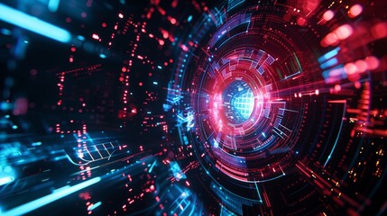 Obraz premium Abstract digital tunnel with vibrant neon lights and particles