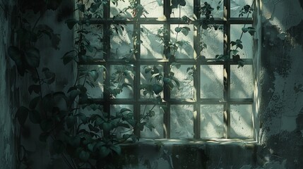 Mysterious ambiance fills this image of an abandoned greenhouse with light filtering through its overgrown plants and shattered panes