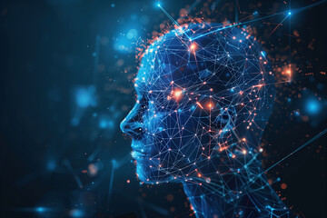 Abstract human head with glowing digital connections, blue background, concept of artificial intelligence and technology, copy space for text
